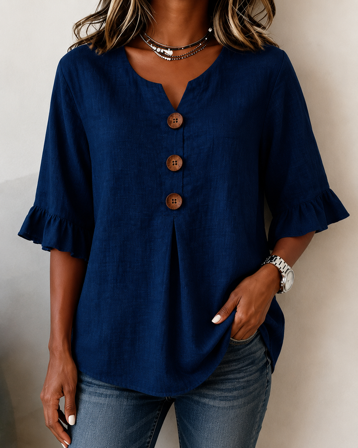 Kerria | Ruffle Sleeve Button Lino Camicetta