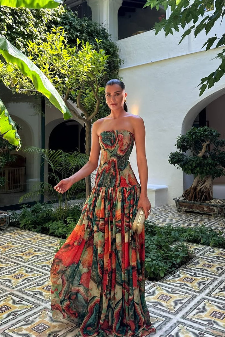 Bellamy | Abito Maxi Senza Spalline con Corsetto a Balze