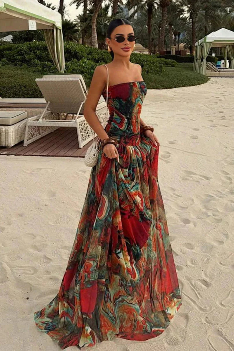 Bellamy | Abito Maxi Senza Spalline con Corsetto a Balze