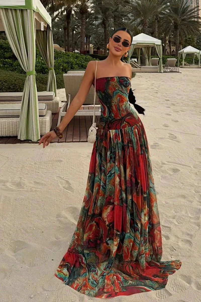 Bellamy | Abito Maxi Senza Spalline con Corsetto a Balze