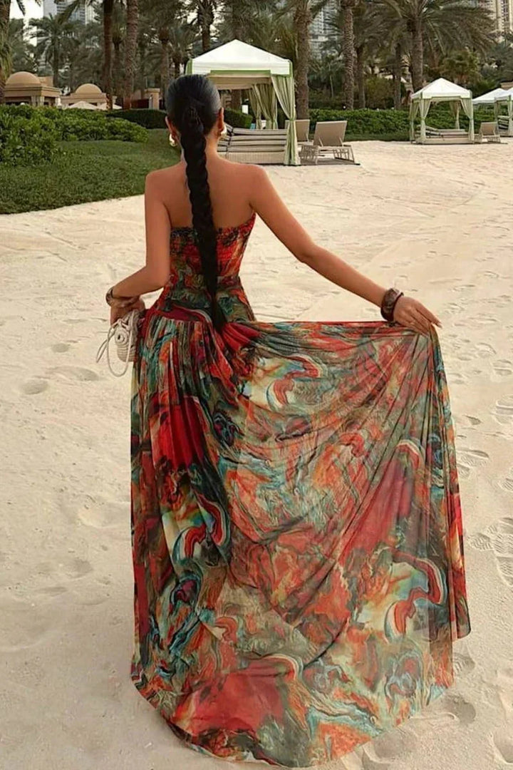 Bellamy | Abito Maxi Senza Spalline con Corsetto a Balze