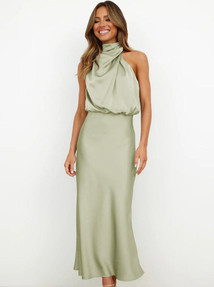 Briony | Abito Maxi in Raso con Collo Halter Drappeggiato