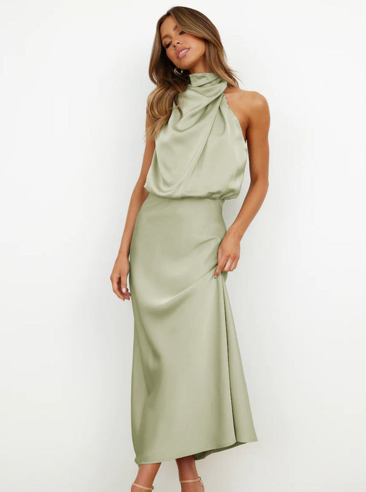 Briony | Abito Maxi in Raso con Collo Halter Drappeggiato
