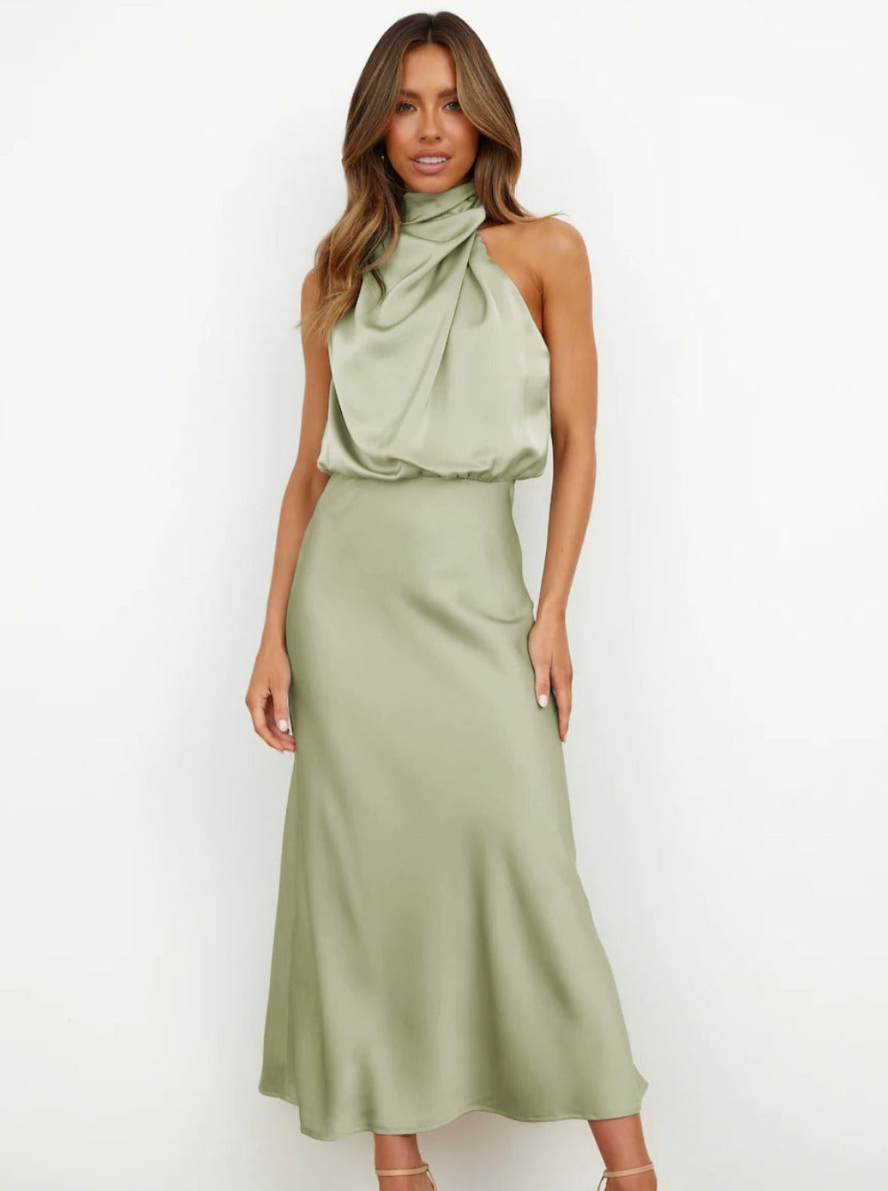 Briony | Abito Maxi in Raso con Collo Halter Drappeggiato