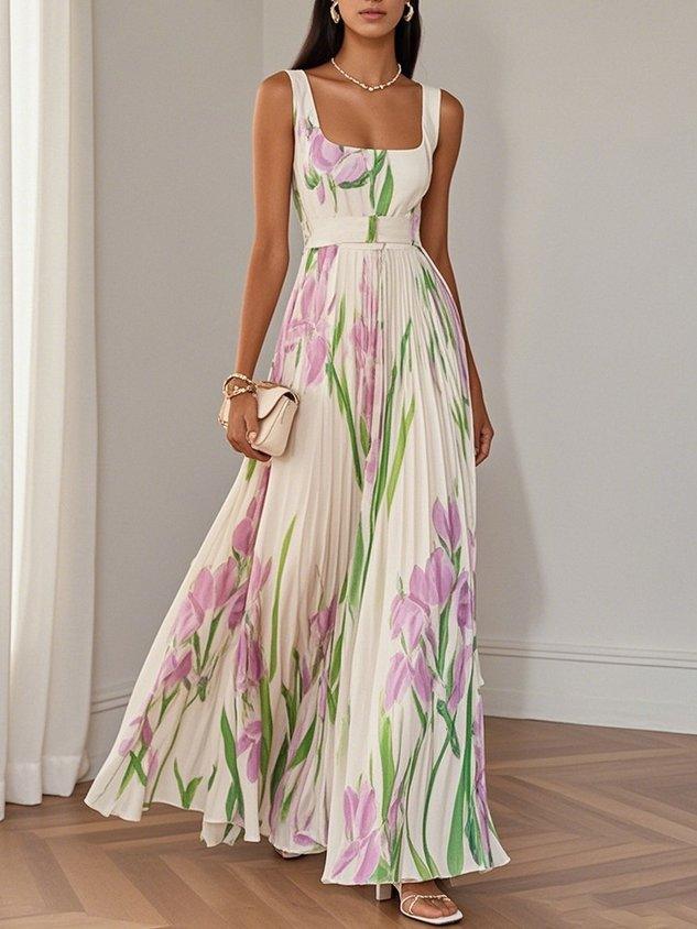 Marie | Maxi Abito Plissettato in Chiffon Floreale, Bianco