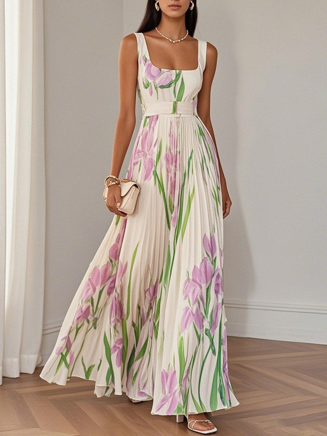 Marie | Maxi Abito Plissettato in Chiffon Floreale, Bianco