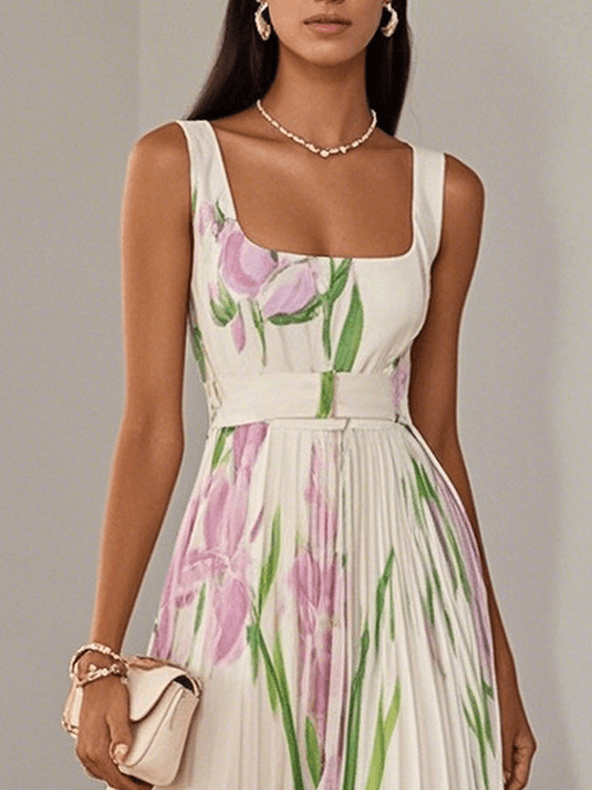 Marie | Maxi Abito Plissettato in Chiffon Floreale, Bianco