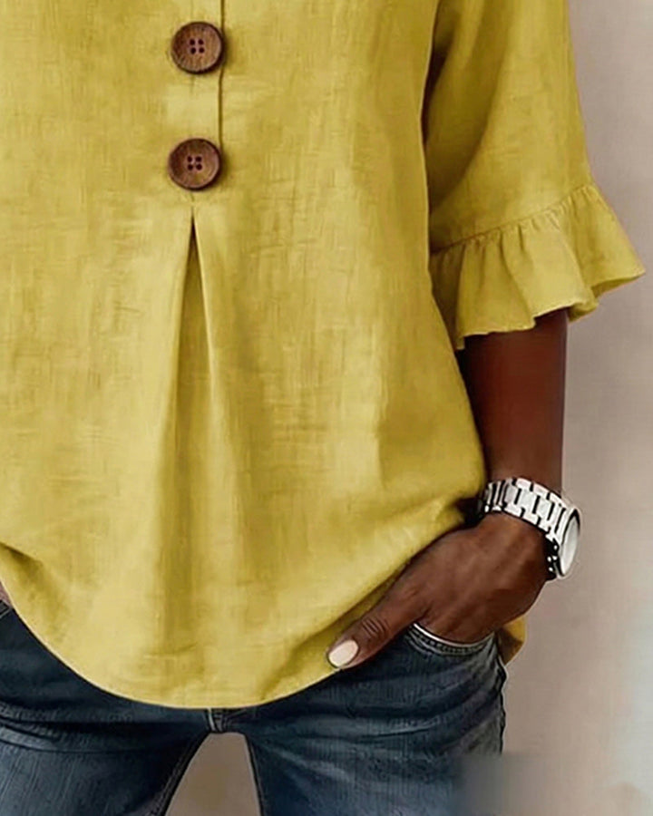 Kerria | Ruffle Sleeve Button Lino Camicetta