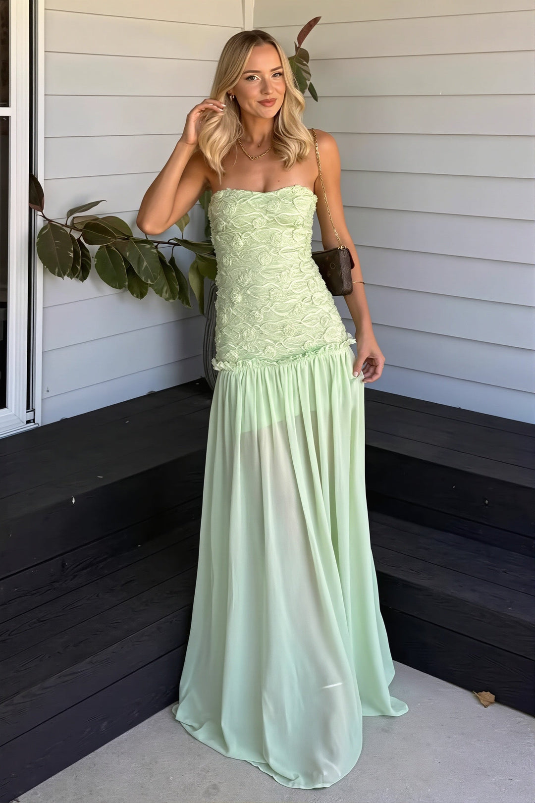 Cleo | Abito Maxi in Chiffon Senza Spalline con Corpetto Floreale
