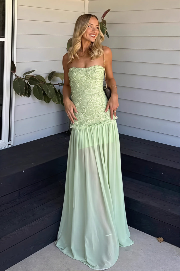 Cleo | Abito Maxi in Chiffon Senza Spalline con Corpetto Floreale