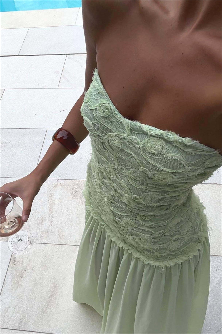 Cleo | Abito Maxi in Chiffon Senza Spalline con Corpetto Floreale