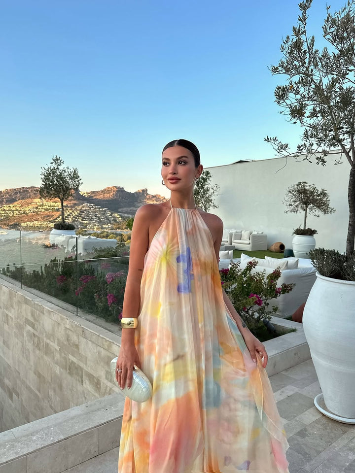 Corinna | Abito Maxi Fluido con Collo Halter e Schiena Scoperta