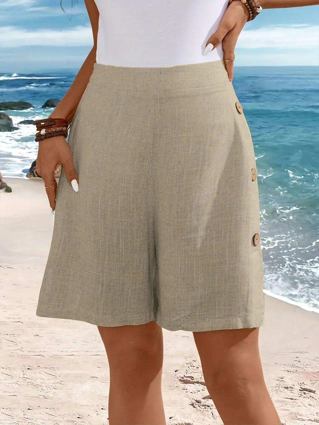 Kaye | Sunlit Lino Shorts with Side Buttons