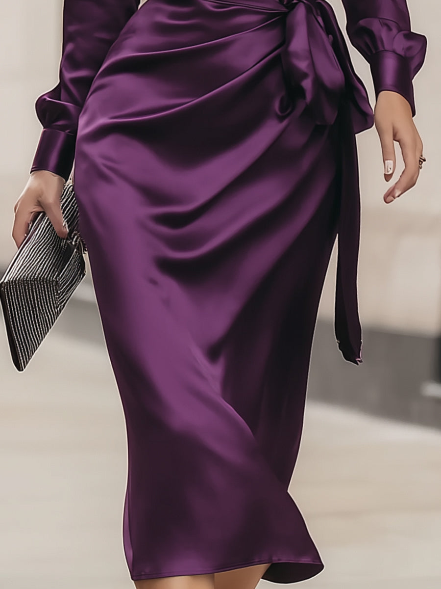 Clara | Deep Plum Raso Wrap Midi Abito