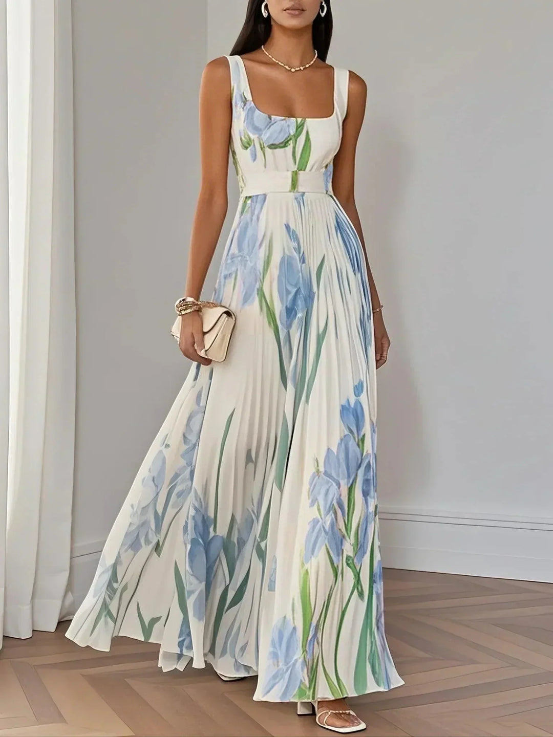 Marie | Maxi Abito Plissettato in Chiffon Floreale, Bianco
