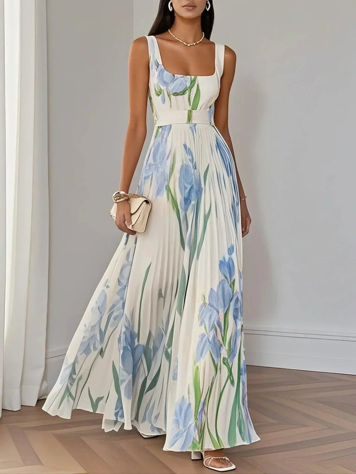 Marie | Maxi Abito Plissettato in Chiffon Floreale, Bianco