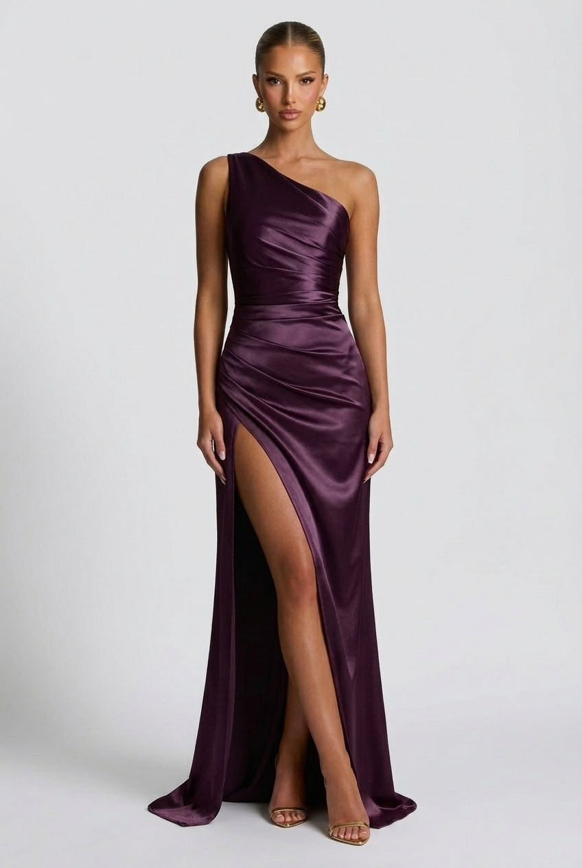 Daphne | Abito Maxi in Raso Monospalla con Spacco Alto