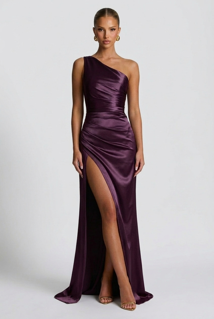 Daphne | Abito Maxi in Raso Monospalla con Spacco Alto