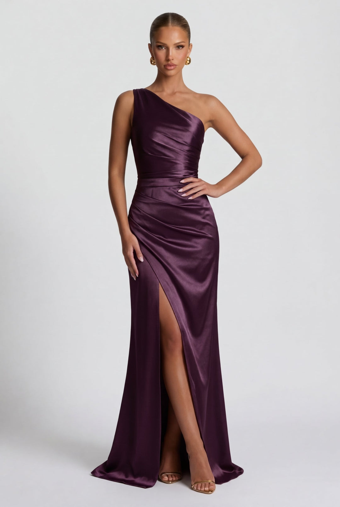 Daphne | Abito Maxi in Raso Monospalla con Spacco Alto
