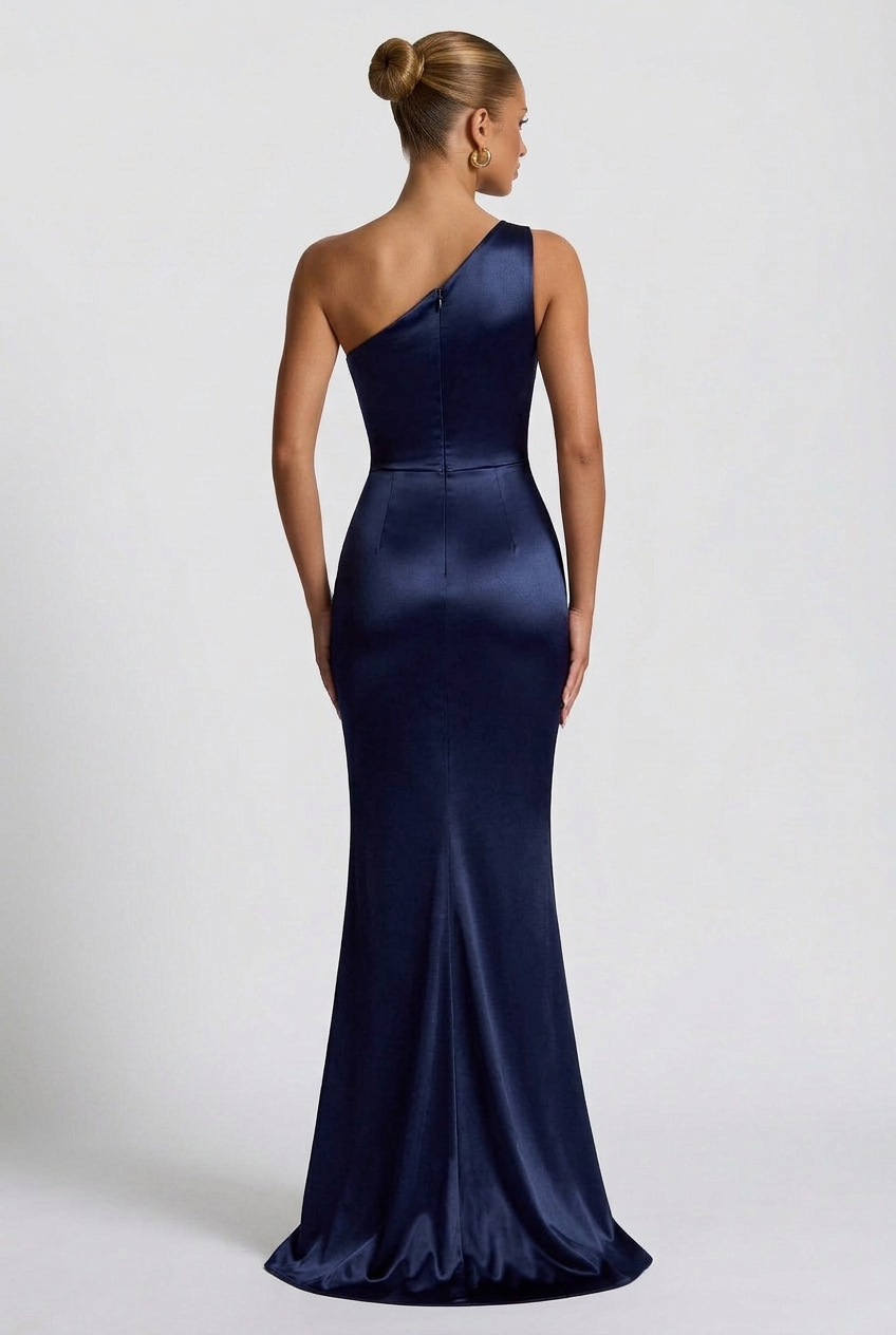 Daphne | Abito Maxi in Raso Monospalla con Spacco Alto