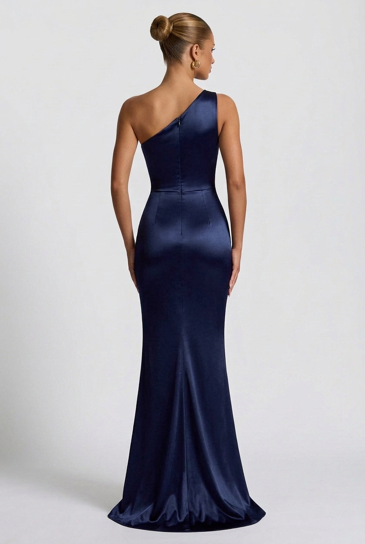 Daphne | Abito Maxi in Raso Monospalla con Spacco Alto