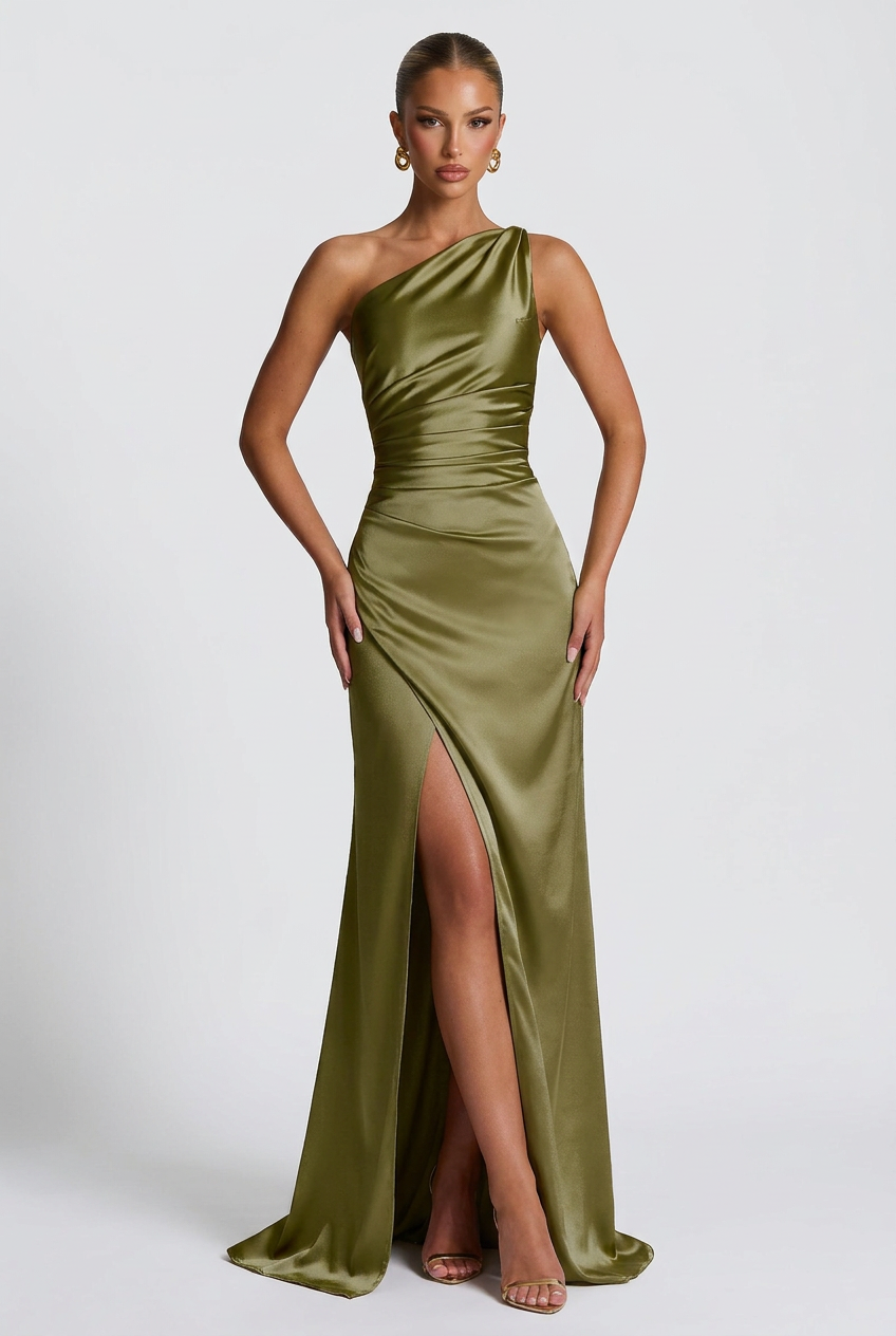 Daphne | Abito Maxi in Raso Monospalla con Spacco Alto