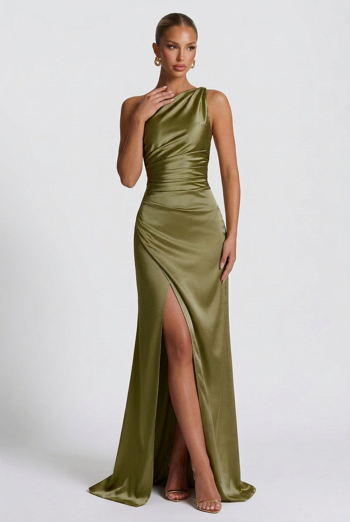 Daphne | Abito Maxi in Raso Monospalla con Spacco Alto