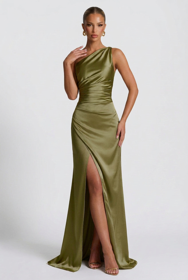 Daphne | Abito Maxi in Raso Monospalla con Spacco Alto