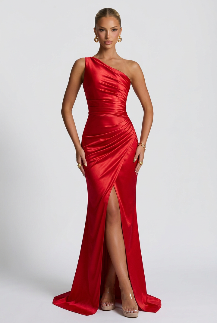 Daphne | Abito Maxi in Raso Monospalla con Spacco Alto