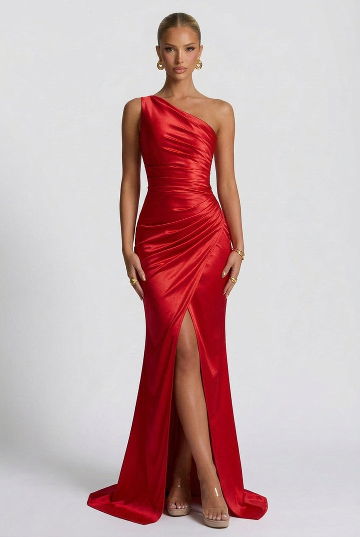 Daphne | Abito Maxi in Raso Monospalla con Spacco Alto