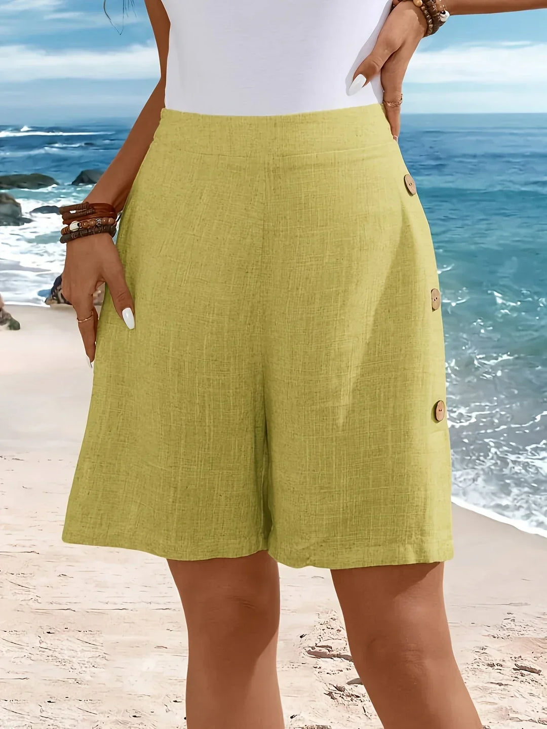 Kaye | Sunlit Lino Shorts with Side Buttons