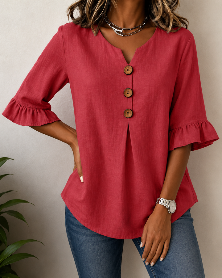 Kerria | Ruffle Sleeve Button Lino Camicetta