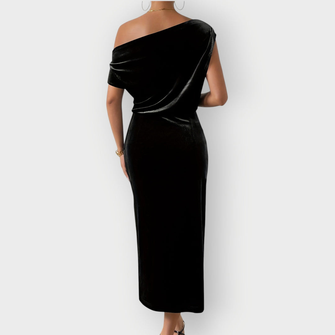 Saeviah | Abito Midi in Velluto Drappeggiato a Spalle Scoperte