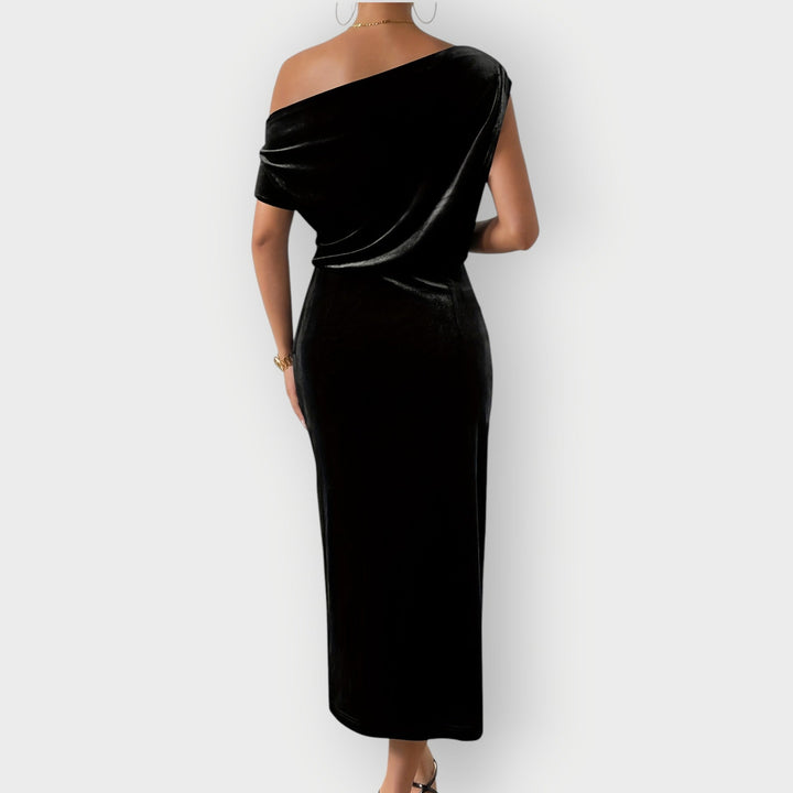 Saeviah | Abito Midi in Velluto Drappeggiato a Spalle Scoperte