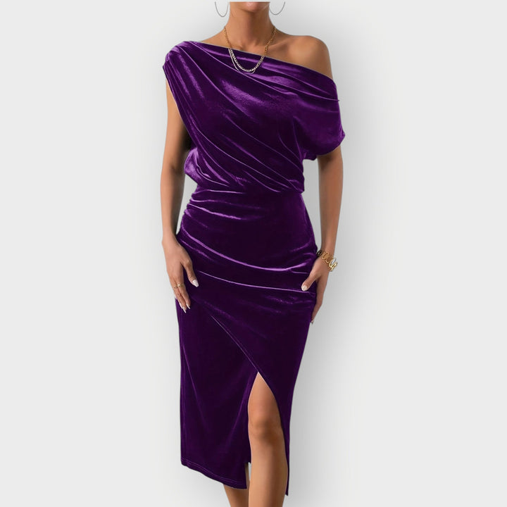 Saeviah | Abito Midi in Velluto Drappeggiato a Spalle Scoperte