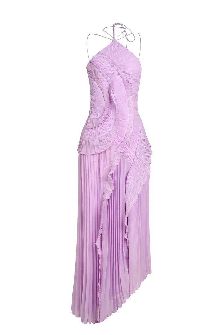 Eliza | Abito Maxi Plissettato con Collo Halter e Balze