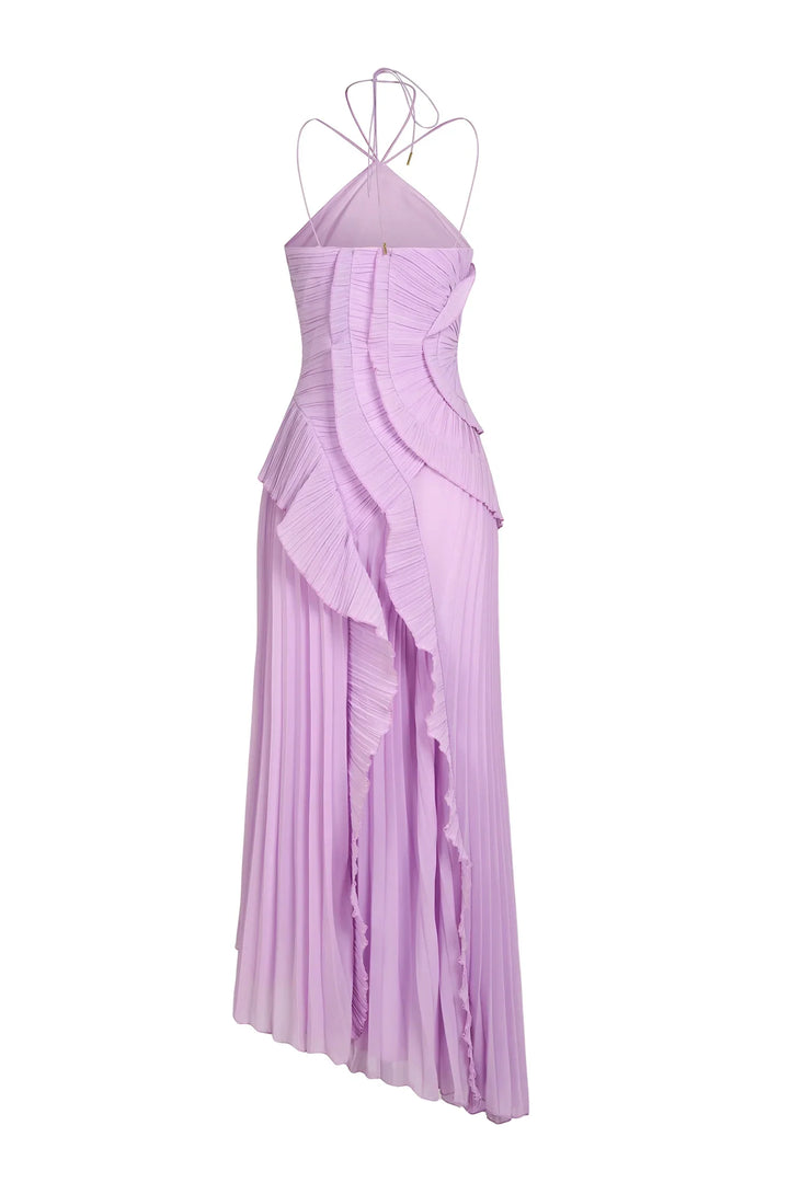 Eliza | Abito Maxi Plissettato con Collo Halter e Balze