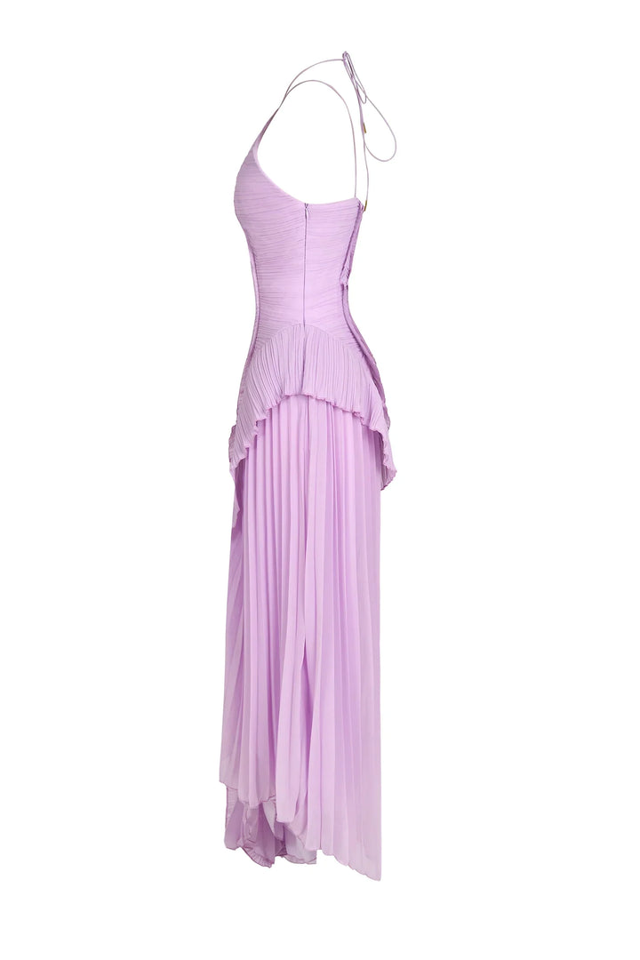Eliza | Abito Maxi Plissettato con Collo Halter e Balze