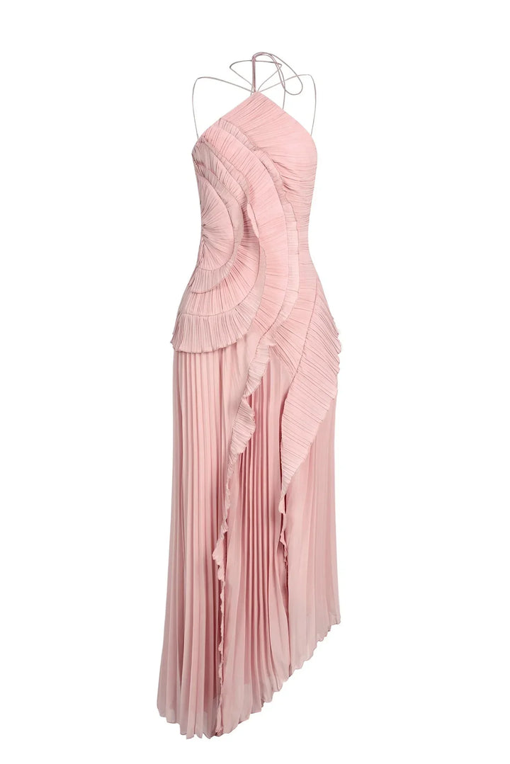 Eliza | Abito Maxi Plissettato con Collo Halter e Balze