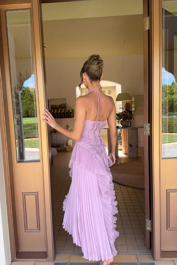 Eliza | Abito Maxi Plissettato con Collo Halter e Balze