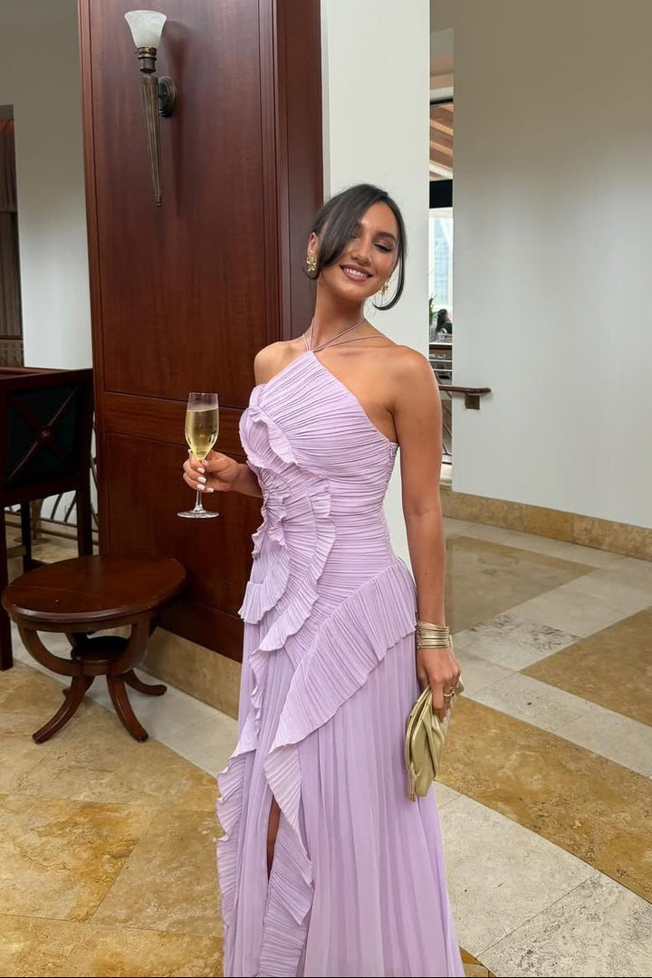 Eliza | Abito Maxi Plissettato con Collo Halter e Balze