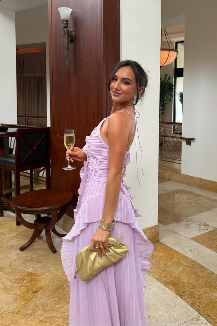 Eliza | Abito Maxi Plissettato con Collo Halter e Balze