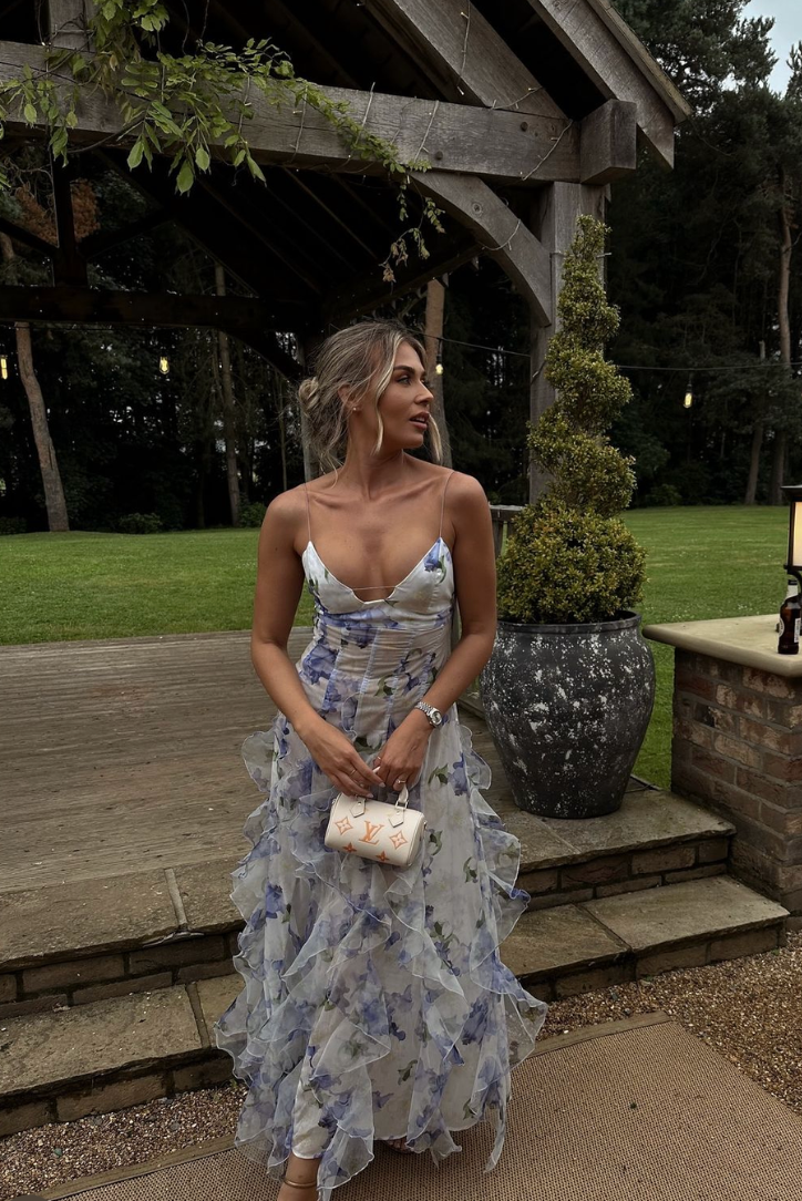 Emberly | Abito Maxi Floreale con Corsetto e Gonna a Balze