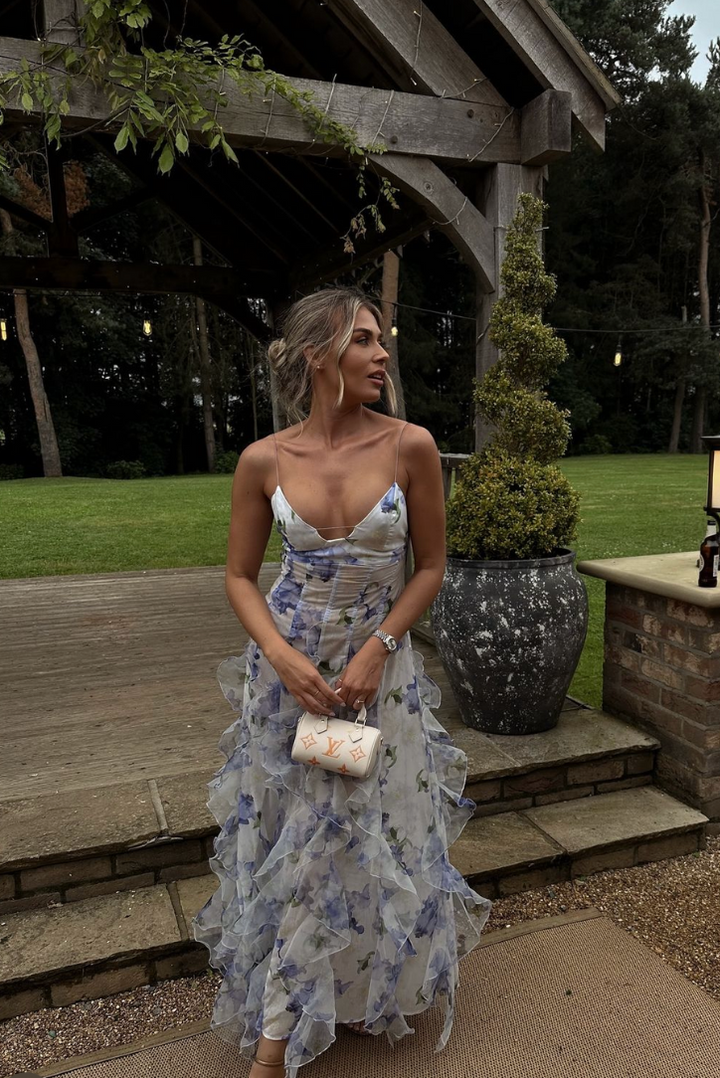 Emberly | Abito Maxi Floreale con Corsetto e Gonna a Balze