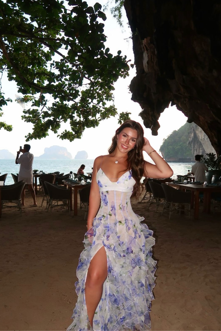 Emberly | Abito Maxi Floreale con Corsetto e Gonna a Balze