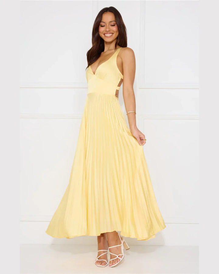 Erica | Abito Maxi Plissettato, Scollo a V Profondo e Cut-Out