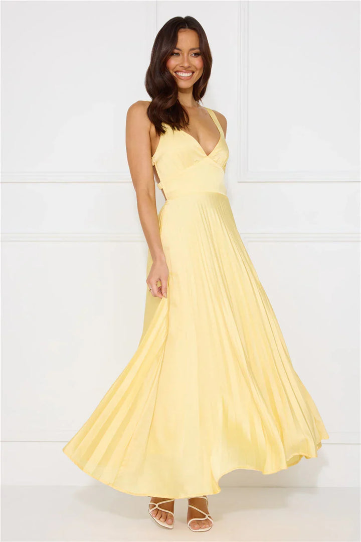 Erica | Abito Maxi Plissettato, Scollo a V Profondo e Cut-Out