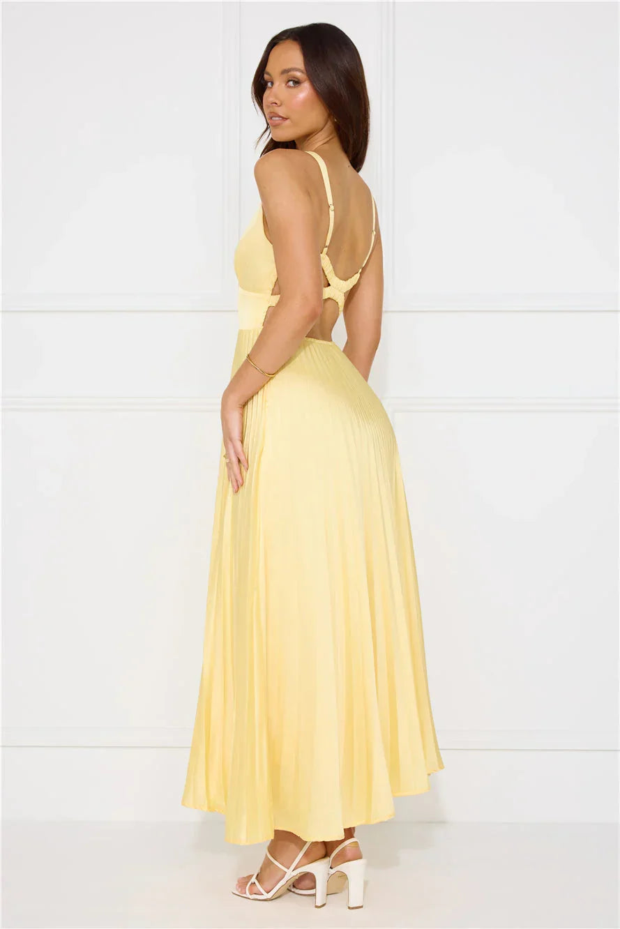 Erica | Abito Maxi Plissettato, Scollo a V Profondo e Cut-Out