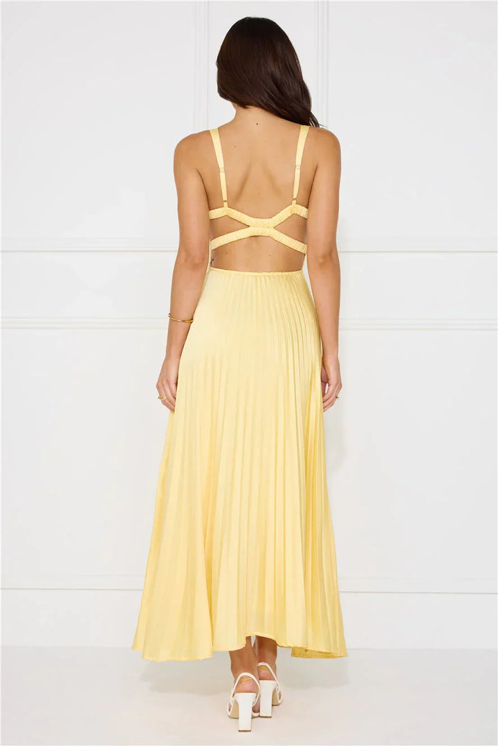 Erica | Abito Maxi Plissettato, Scollo a V Profondo e Cut-Out