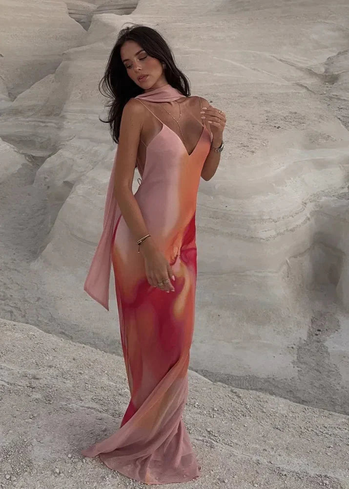 Fayah | Abito Maxi in Raso Ombré con Schiena Scoperta
